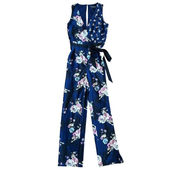 Little Mistress All Over Contrast Printed Jumpsuit size 4 Navy Floral - Picture 4 of 10